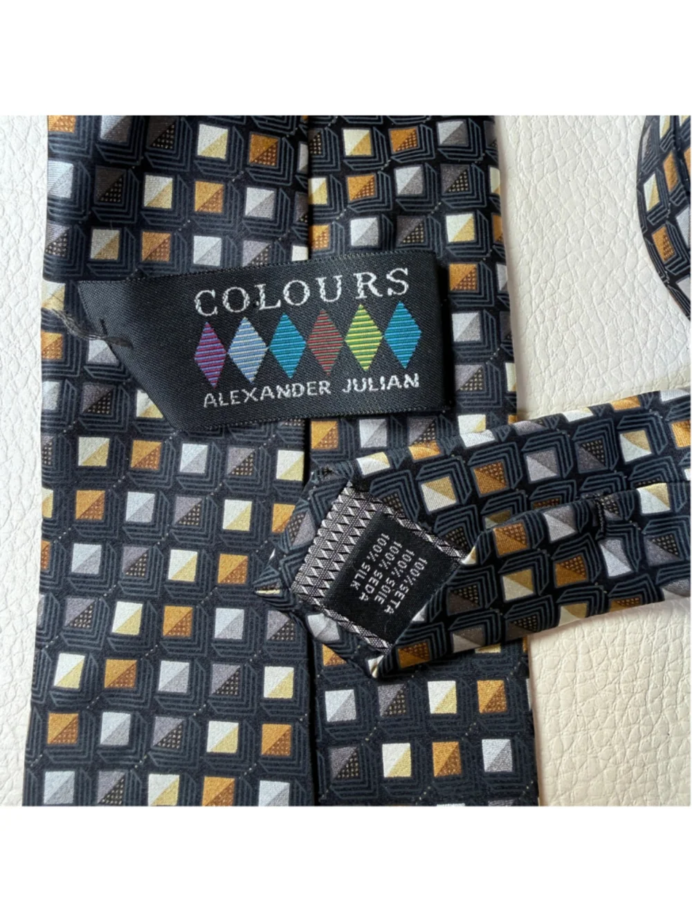 Colours Alexander Julian 100% Silk Tie Black Gold Gray Geometric Mens Necktie